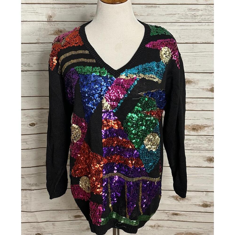 Vintage black/multicolored sequin V-neck 3/4 length sleeve sweater Size Large